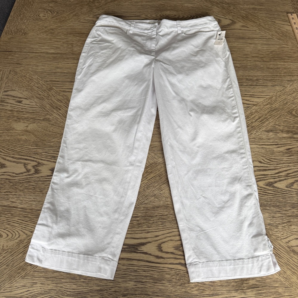 Talbots Skimmer Pants Womens 6 White Cropped Cotton Blend Button Hem NWT